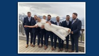 Tom Archer, his new wife and their groomsmen on their wedding day in Austria