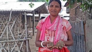खानका लागि जंगलबाट ल्याएको गिठ्ठा देखाउँदै चिया मजदुर सम्झना उराउ