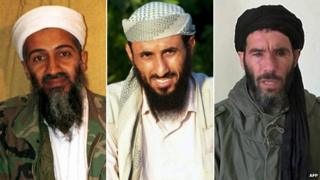 Усама бен Ладен (слева), Насер аль-Ухайши (в центре) и Мохтар Белмохтар (справа)