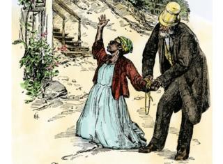Slave mother dragged away from her children to be sold. Hand-coloured woodcut of a 19th-century illustration.