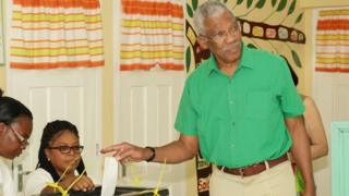 David Granger casts his vote in Pearl, Guyana, on 2 March, 2020.