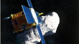 Картина, изображающая Near Earth Asteroid Rendezvous (NEAR): космический зонд стыкуется с астероидом Эрос. Февраль 2001 года