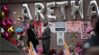 A memorial to Aretha Franklin sits outside of the New Bethel Baptist Church in Detroit, Michigan.