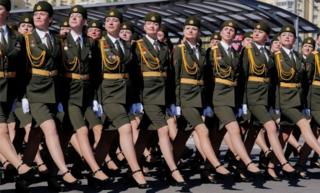 Belarusian soldiers participate in the Victory Day parade, which marks the anniversary of the victory over Nazi Germany in World War II