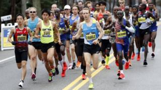 Runners competing at the Boston Marathon on Monday 15 April