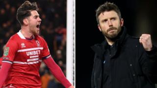 Middlesbrough player Hayden Hackney (left) and boss Michael Carrick (right) celebrate
