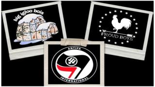Photo collage of Antifa, Boogaloo Bois and Proud Boys logos