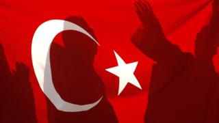 Turkish flag with shadows of people behind it