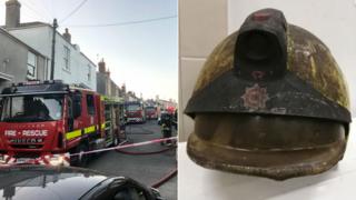 Modbuy fire scene (pic: BBC) and melted firefighter helmet (pic: Devon and Somerset Fire and Rescue Service)