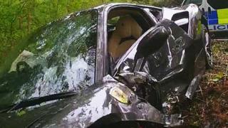 Grey Ferrari 488 GTB crashed into a tree.