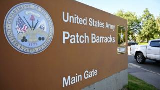 Entrance sign at main US base in Stuttgart, Germany
