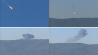 Комбинированная фотография, снятая на видео, показывает, что военный самолет, потерпевший крушение в горной местности на севере Сирии, был сбит турецкими истребителями вблизи турецко-сирийской границы