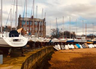 Musselburgh is past the yachts at Fisherrow Harbour