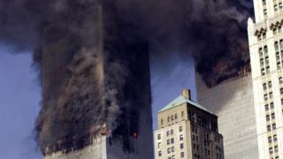 Twin Towers in New York burning during 9/11