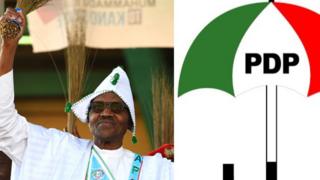 Aworan aarẹ Buhari ati ami idamọ ẹ gbẹ PDP