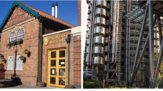 El Museo de la Cervecería Greene King en Bury St Edmunds, Reino Unido y el área alrededor del edificio Lloyd's en Londres.