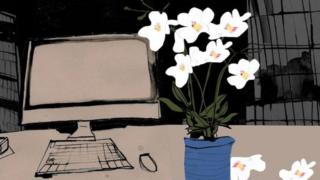 Computador ao lado de flores