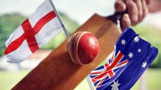 The flags of England and Australia with a cricket bat