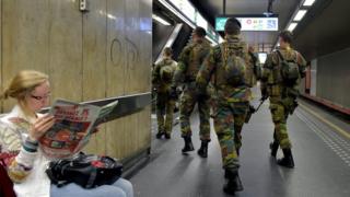 Belgian soldiers patrol a metro station near the headquarters of European institutions in Brussels, Belgium May 24, 2017