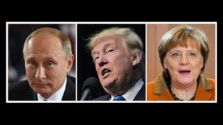 Putin (G), Trump (C) et Merkel (D)