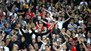 England fans show their support in the stands during the UEFA Euro 2020 Qualifying match at the Vasil Levski National Stadium, Sofia, Bulgaria