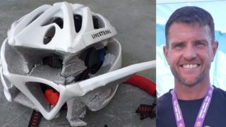 Carl Edwards and his broken helmet