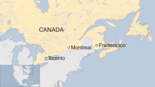 Map of Canada showing Fredericton in the east