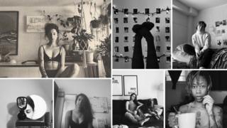 Collage of six different women, all in black and white, taken within their homes