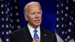 Former U.S. Vice President Joe Biden accepts the 2020 Democratic presidential nomination during a speech