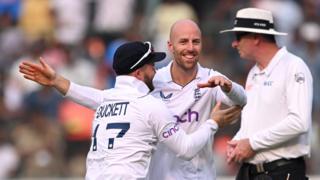 England's Jack Leach celebrates the wicket of Rohit Sharma