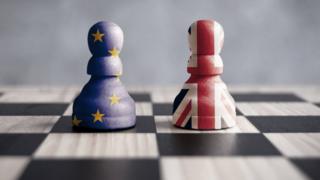 Две шахматные фигуры на шахматной доске, одна заключена в флаг Евросоюза, другая - в юнион джек.