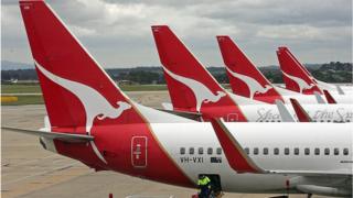 A grounded fleet of Qantas planes in Melbourne.