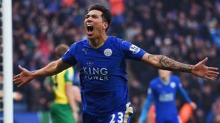Leonardo Ulloa of Leicester City celebrates scoring against Norwich City