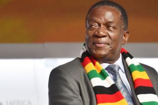   Zimbabwean President Emmerson Mnangagwa in a Scarf with the Colors of the Zimbabwe Flag 