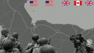 Ilustración montada con la costa norte francesa y las banderas de los ejércitos aliados que participaron en el Día D.