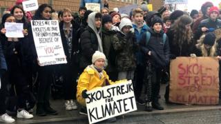 Greta Thunberg at a protest in front of Sweden's parliament in Stockholm on 8 March 2019