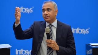 CEO and Managing Director of Infosys Sahil Parekh addressing a press conference to announce the company's first quarter results in Bangalore on July 13, 2018