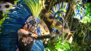A performer dances during Mangueira performance at the Rio de Janeiro Carnival at Sambodromo on March 4, 2019 in Rio de Janeiro, Brazil