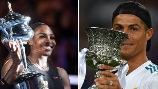 Serena Williams and Cristiano Ronaldo holding trophies