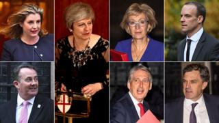 Composite image featuring, clockwise from top left: Penny Mordaunt, Theresa May, Andrea Leadsom, Dominic Raab, Julian Smith, Philip Hammond and Liam Fox