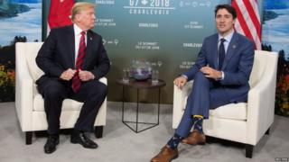 Donald Trump (left) with Justin Trudeau in Quebec, Canada, 8 June
