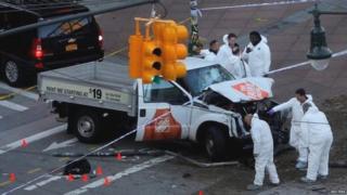 A white pick-up truck mowed down people after entering the West St-Houston St pedestrian-bike path in Lower Manhattan on Tuesday afternoon, the New York Police Department says.