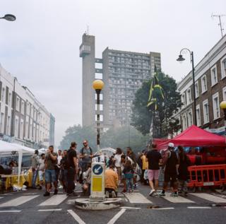 Trellick Tower from behind Notting Hill stalls