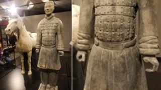 Composite image shows the missing thumb on the terracotta at the Franklin Institute in Philadelphia.