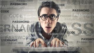 Geeky человек печатать на клавиатуре в окружении пароля графика