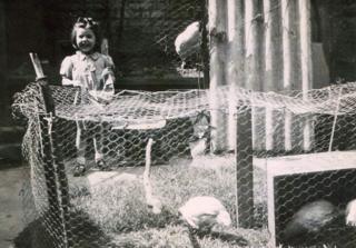 Carla Ferri as a child with chicken pen