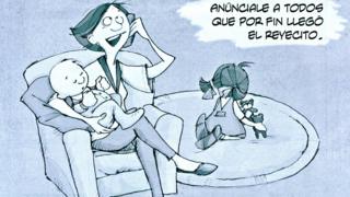 Caricatura donde una mujer habla por teléfono y anuncia el nacimiento del "reyecito" de la casa. (Crédito: Eva Lobatón)