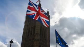 EU and UK flag outside parliament