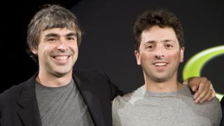 Larry Page (L) and Sergey Brin (R), the co-founders of Google, at a press event in 2008