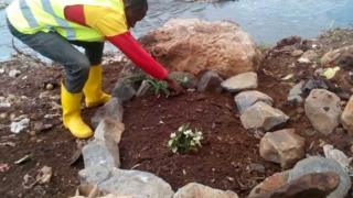 Man laying flowers at a grave